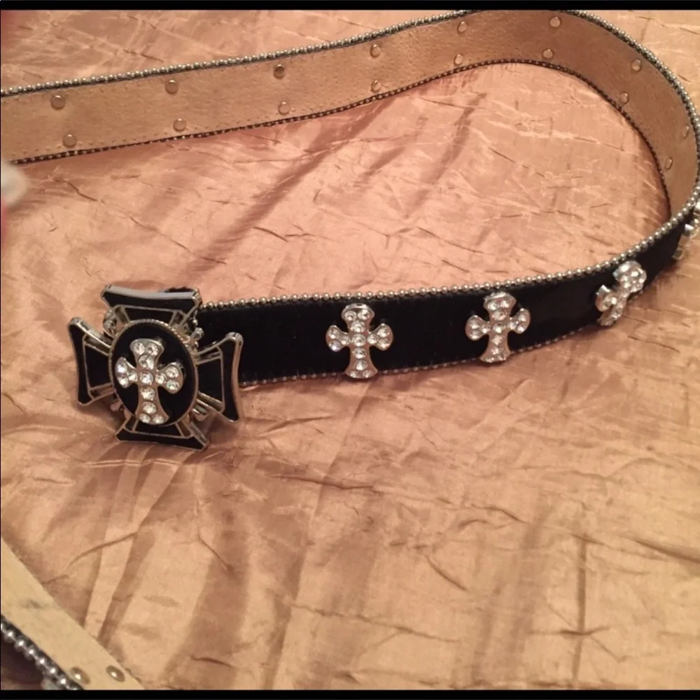 Black Cowhide Leather Belt With Silver And Crystal Cross Embellishments